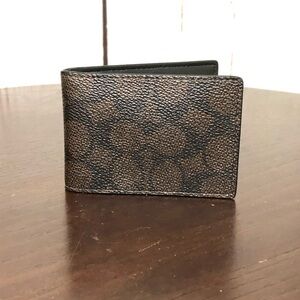 Coach compact Bifold Men's Brown Leather & coated Wallet nwt
